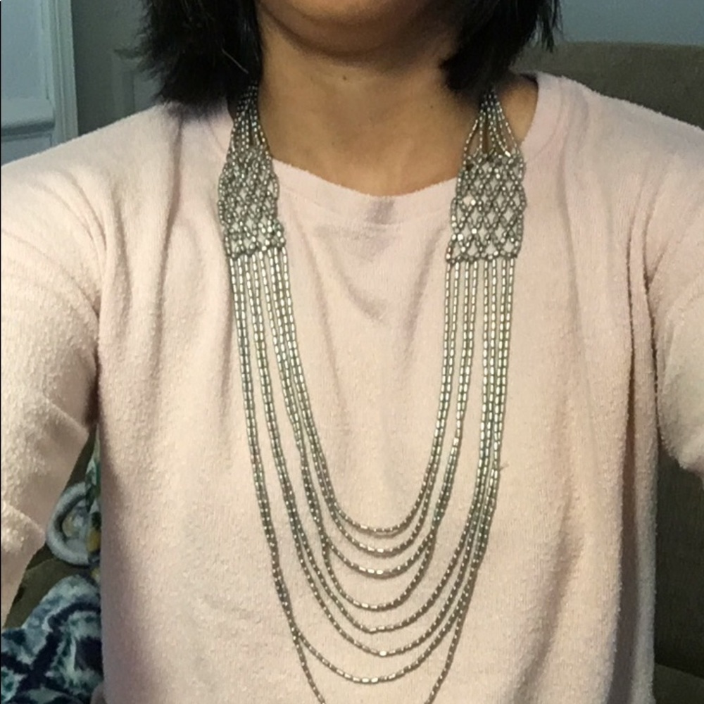 Long silver beaded necklace